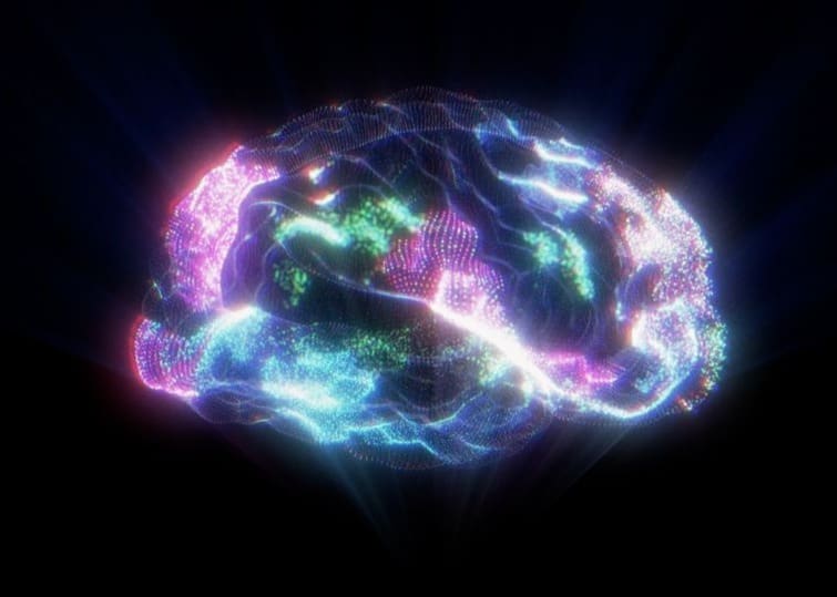 A glowing, colorful abstract brain with neural-like light patterns.