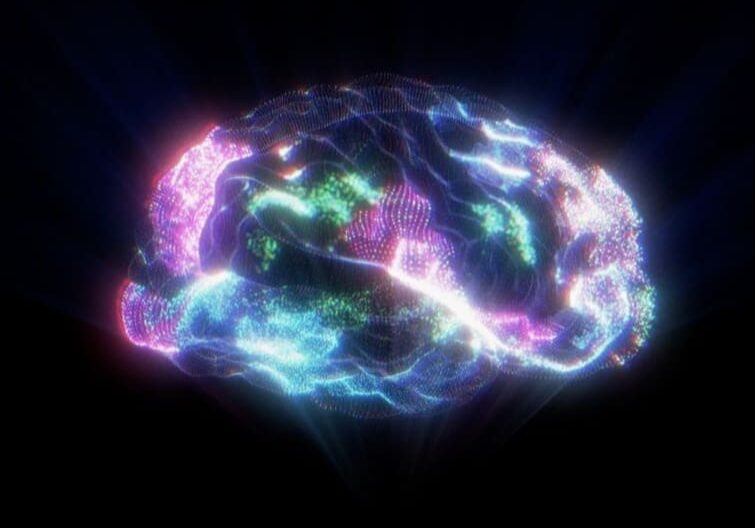 A glowing, colorful abstract brain with neural-like light patterns.