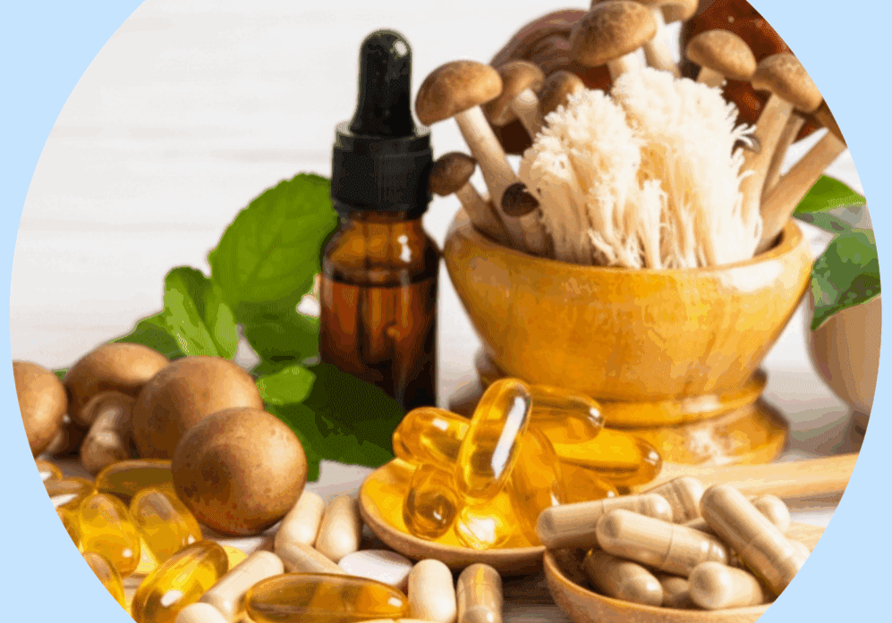Assorted medicinal mushrooms and supplements with a dropper bottle.