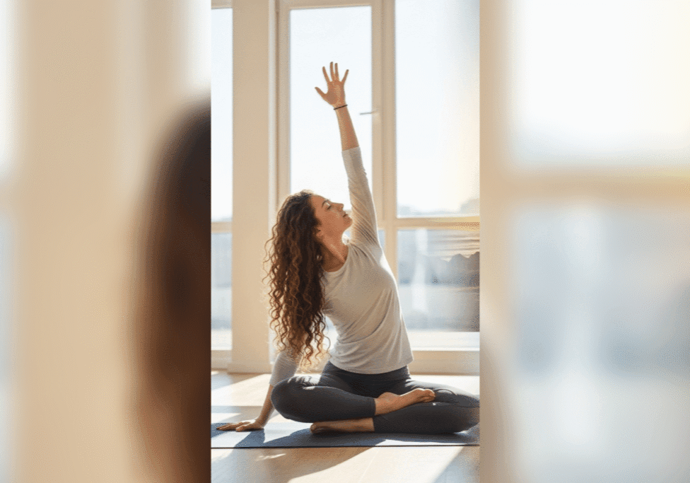 Woman practicing yoga by a bright window, reaching upwards.